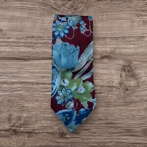 Elegant Floral Silk Tie - Burgundy and Blue